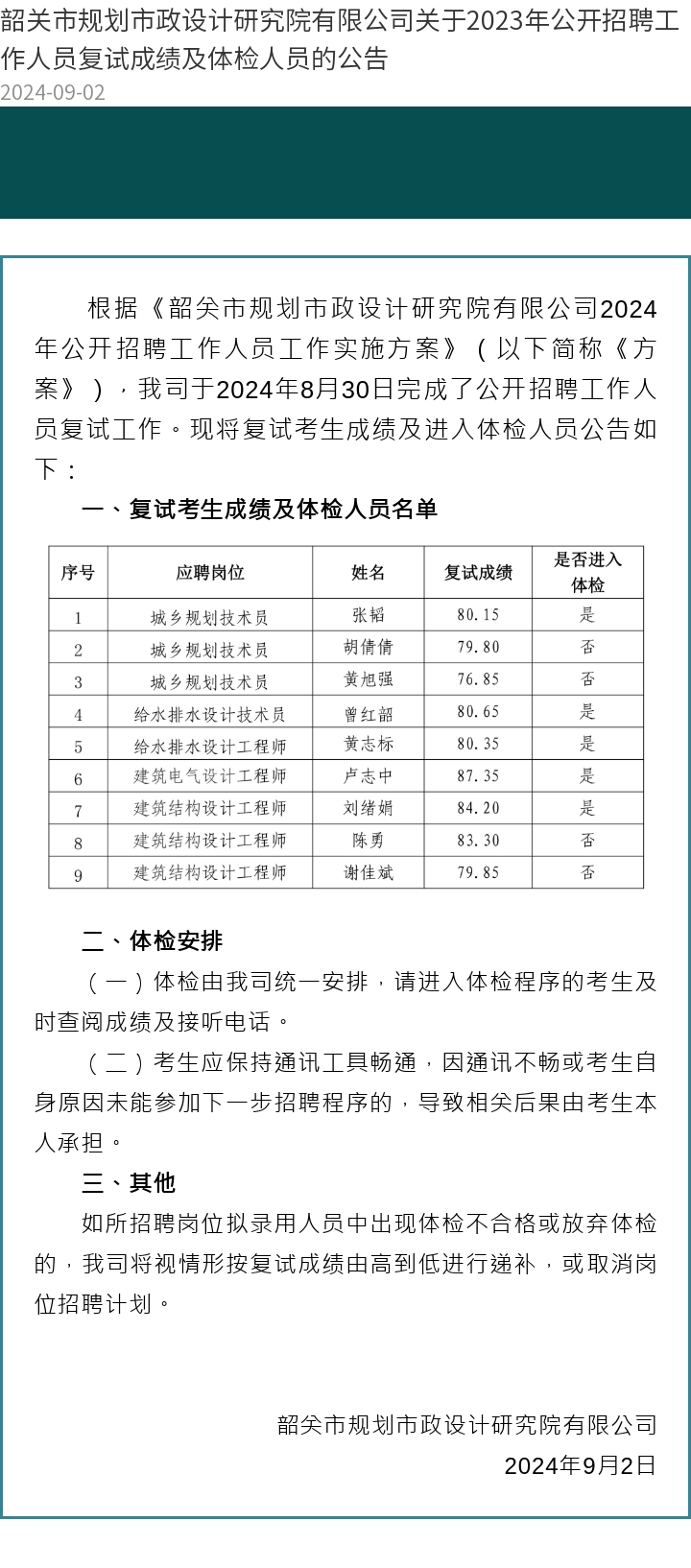 韶关市规划市政设计研究院有限公司关于2024年公开招聘工作人员初试成绩及复试安排的公告.jpg